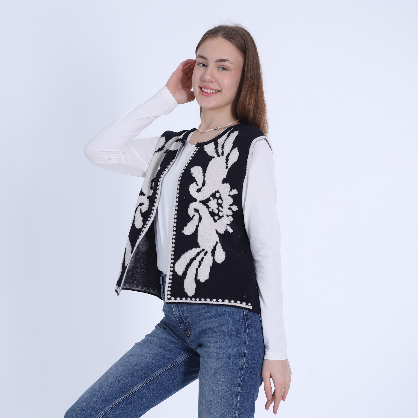 Black Self-Printed Knitted Vest