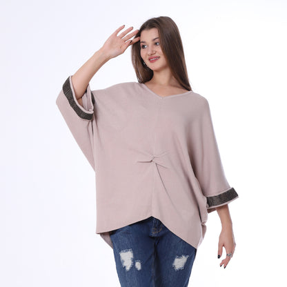 Beige Rhinestones Cuffs Knitted Poncho