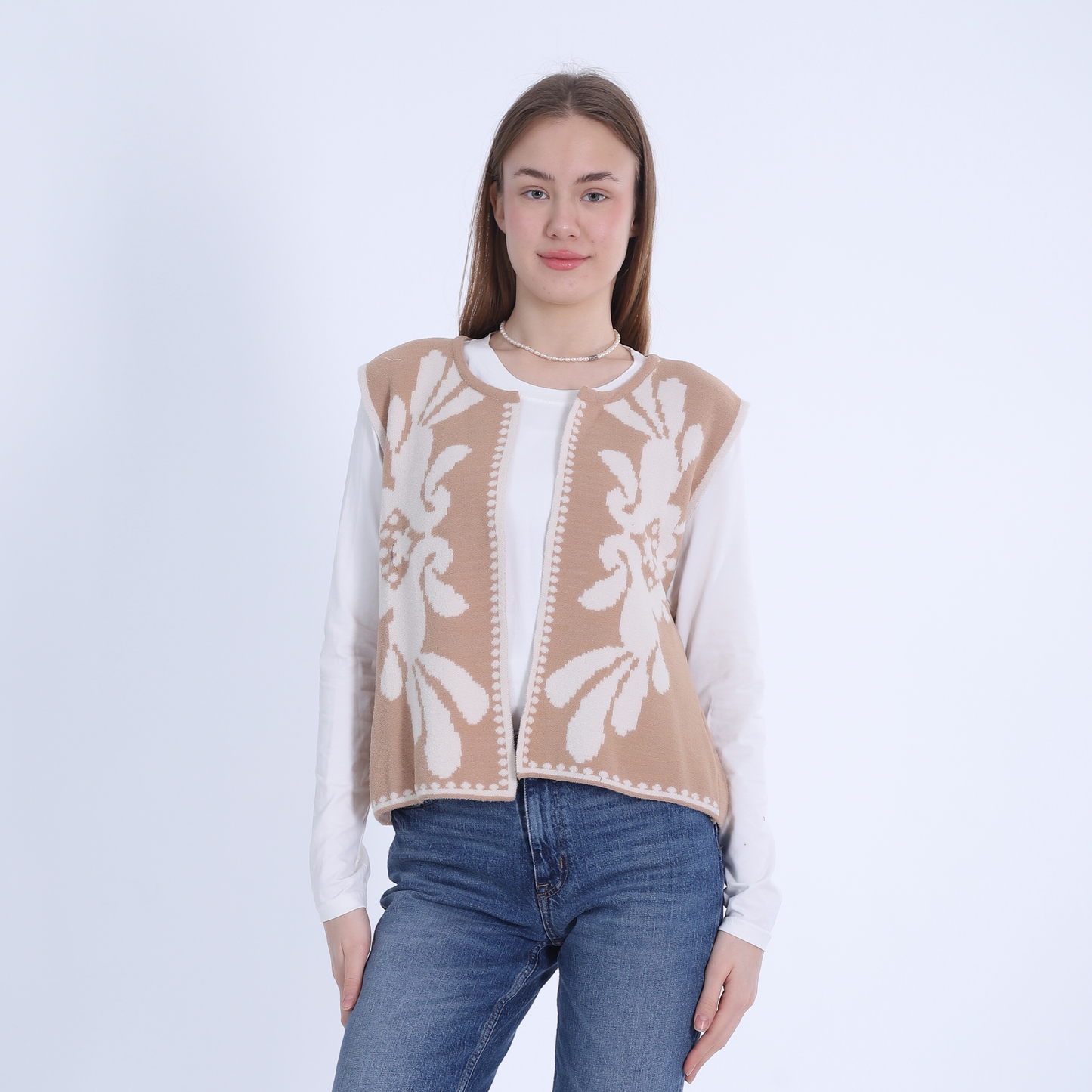 Camel Self-Printed Knitted Vest