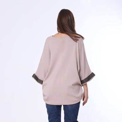 بونشو محبوك بأصفاد مرصعة بأحجار الراين باللون البيج