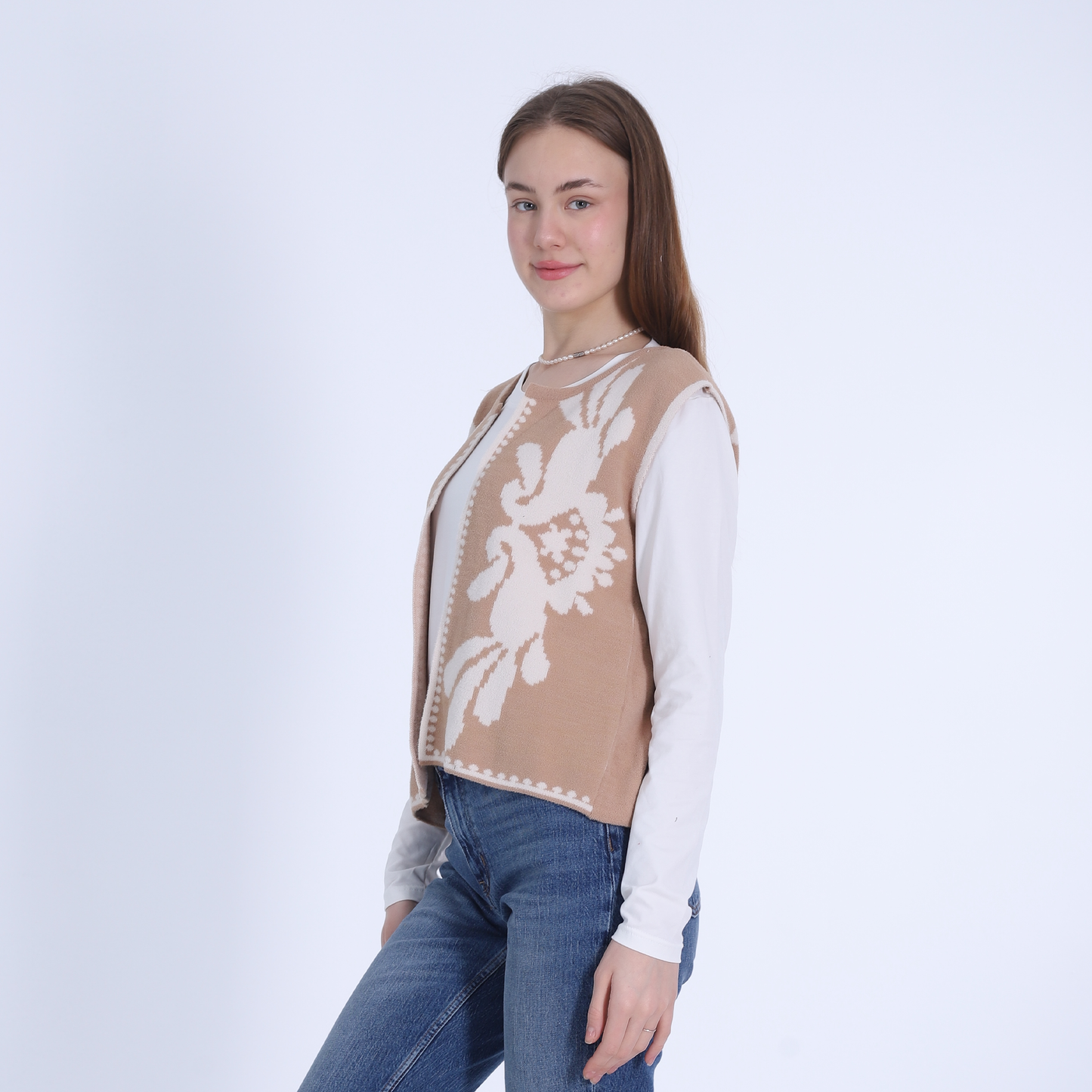 Camel Self-Printed Knitted Vest