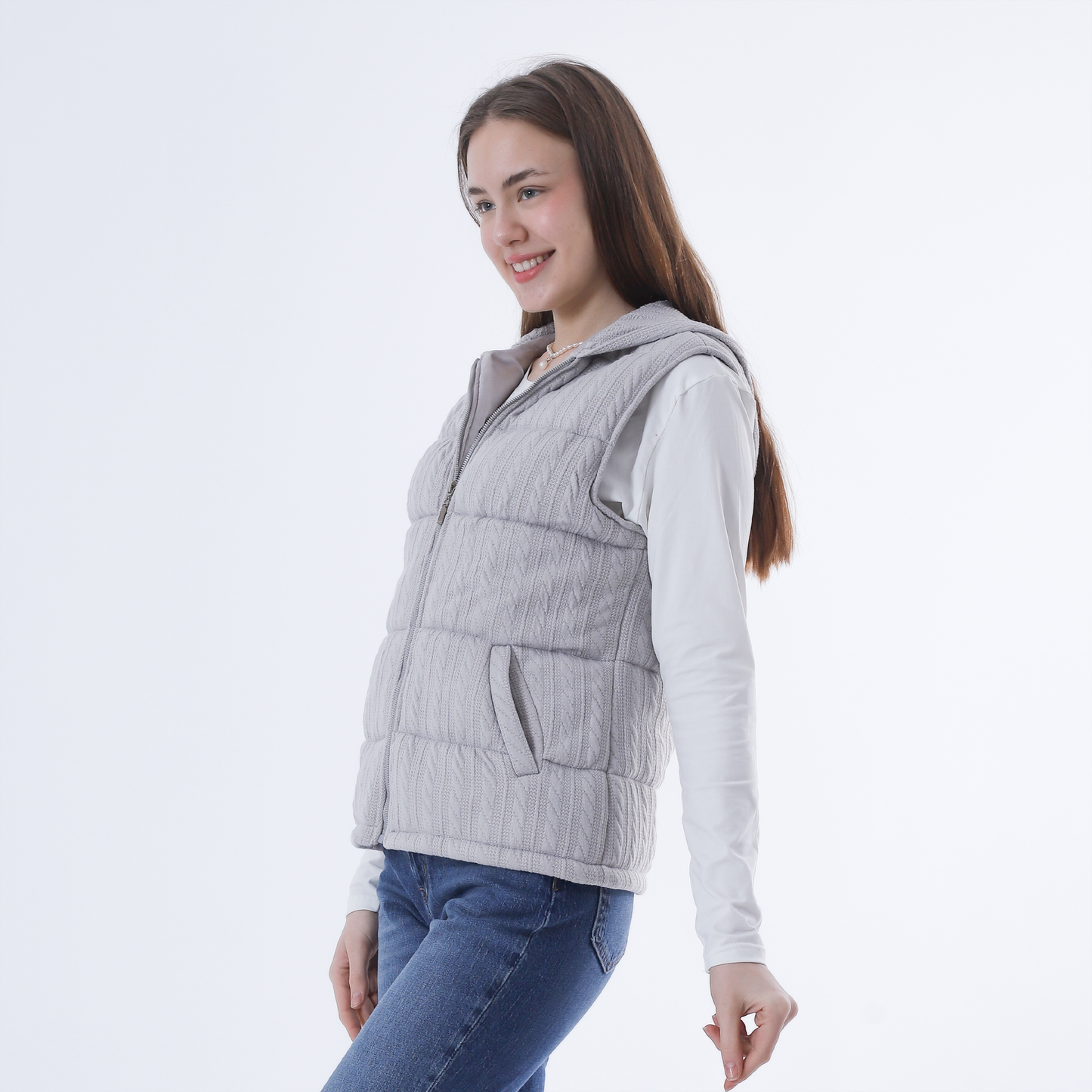 Gray Front Zipper Knitted Hooded Vest