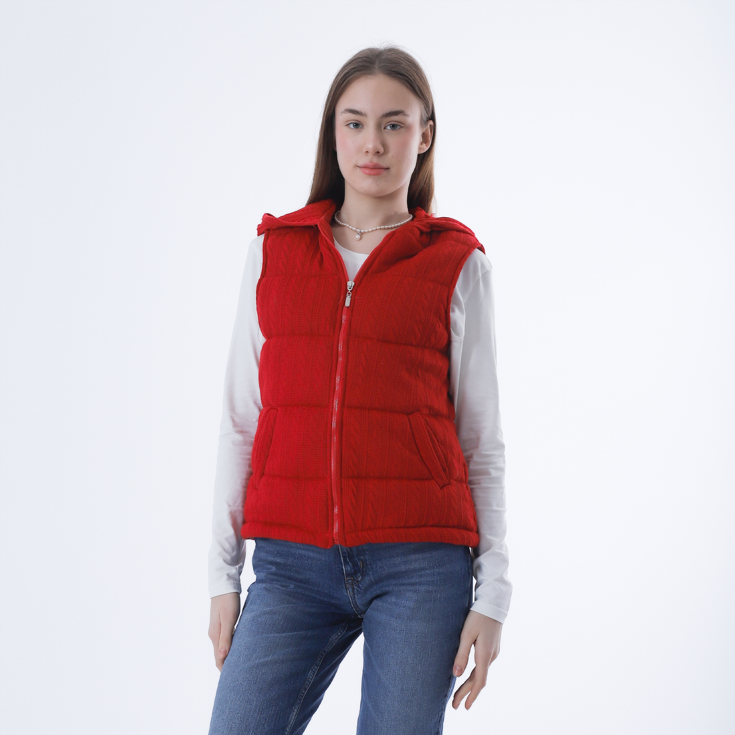 Red Front Zipper Knitted Hooded Vest