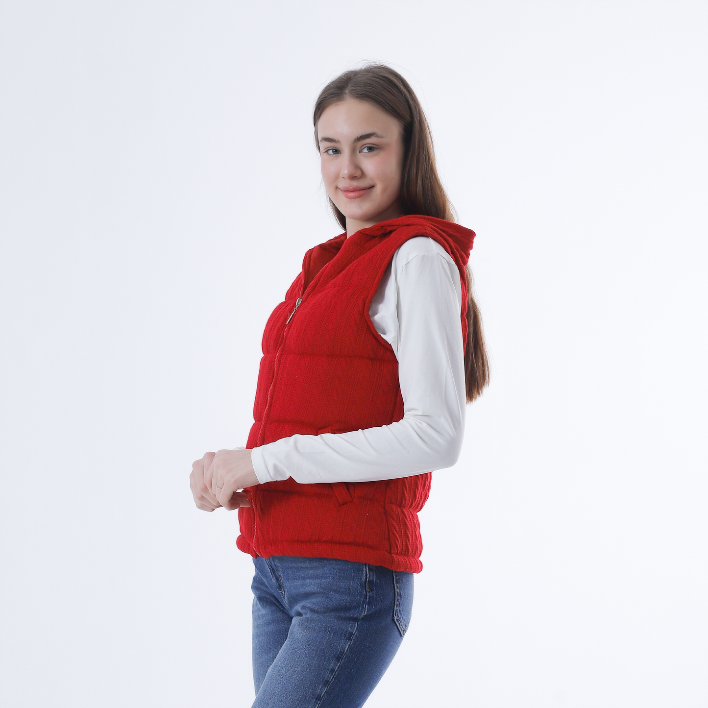 Red Front Zipper Knitted Hooded Vest