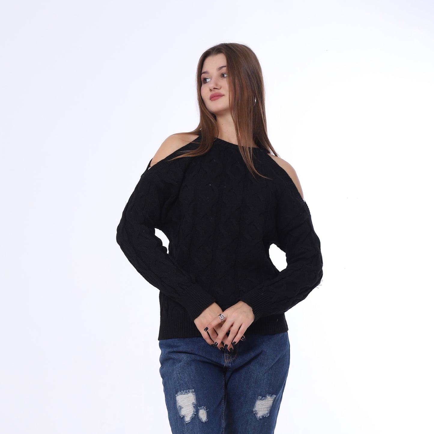 Black Open Shoulder Knitted Pullover