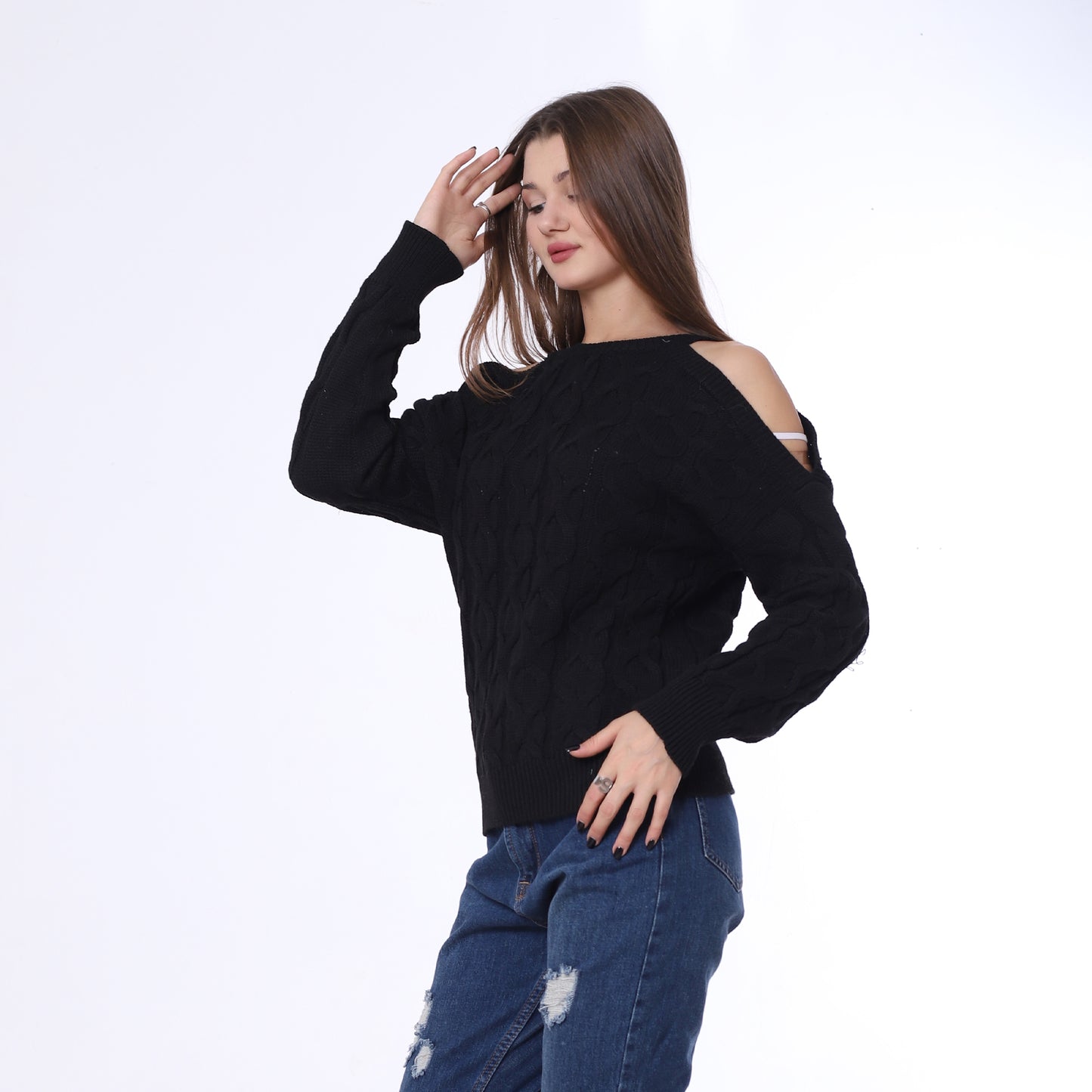 Black Open Shoulder Knitted Pullover