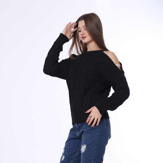 Black Open Shoulder Knitted Pullover