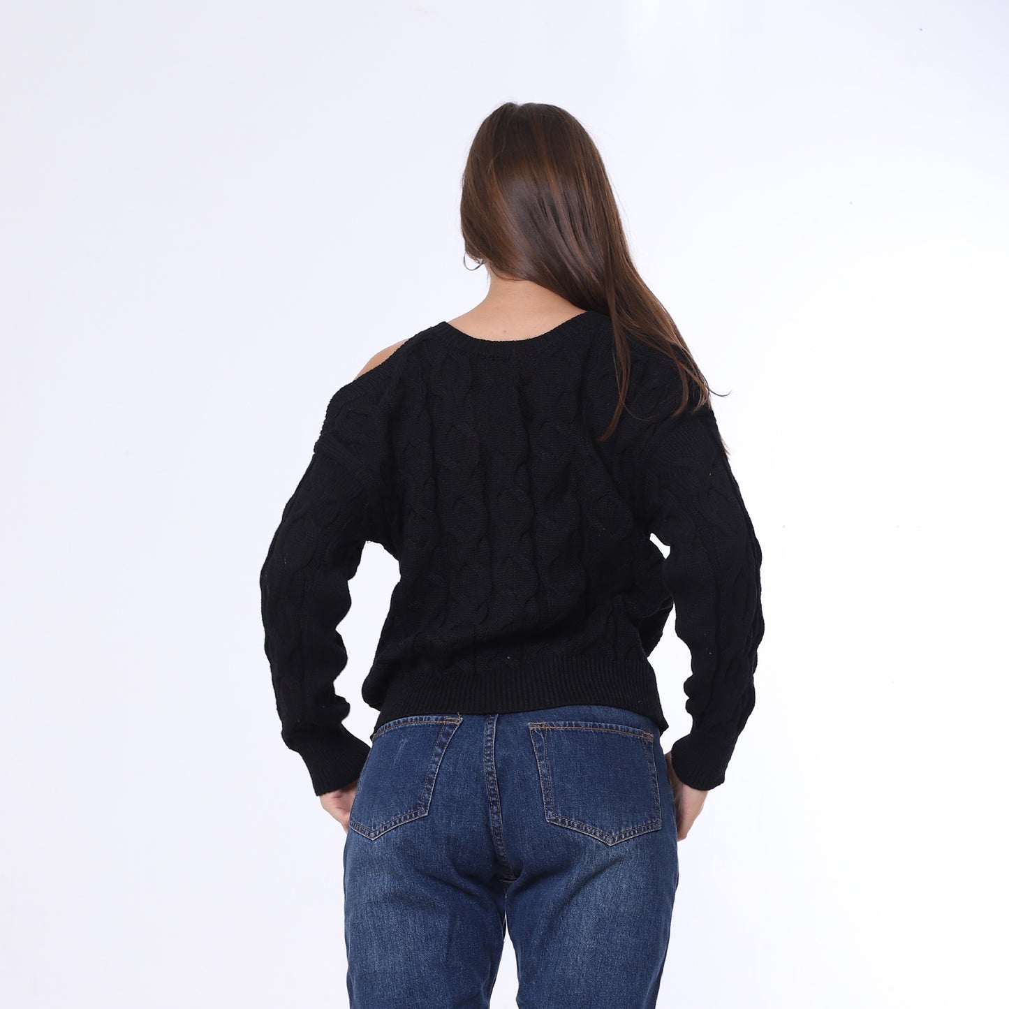 Black Open Shoulder Knitted Pullover