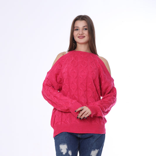 Fuchsia Open Shoulder Knitted Pullover