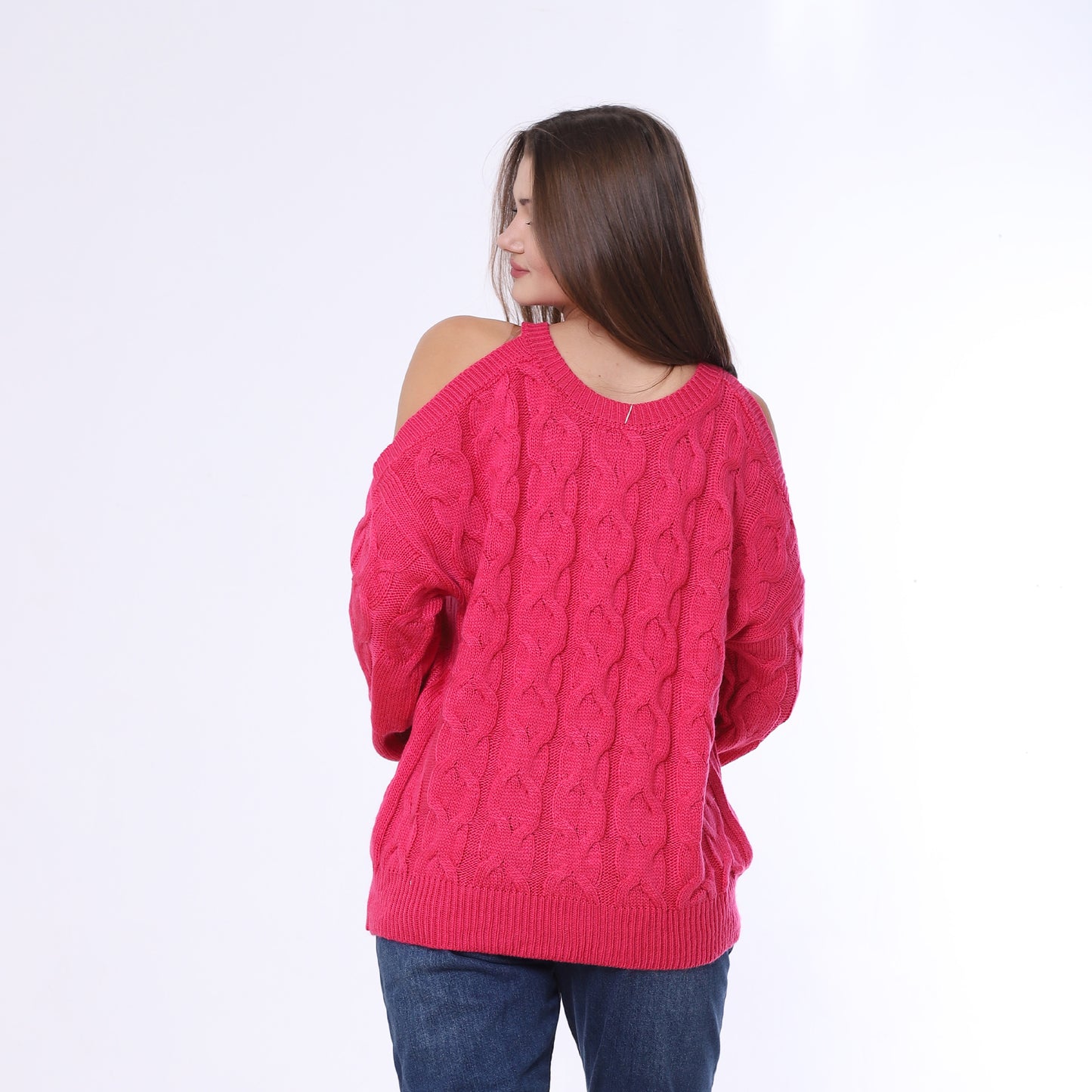 Fuchsia Open Shoulder Knitted Pullover