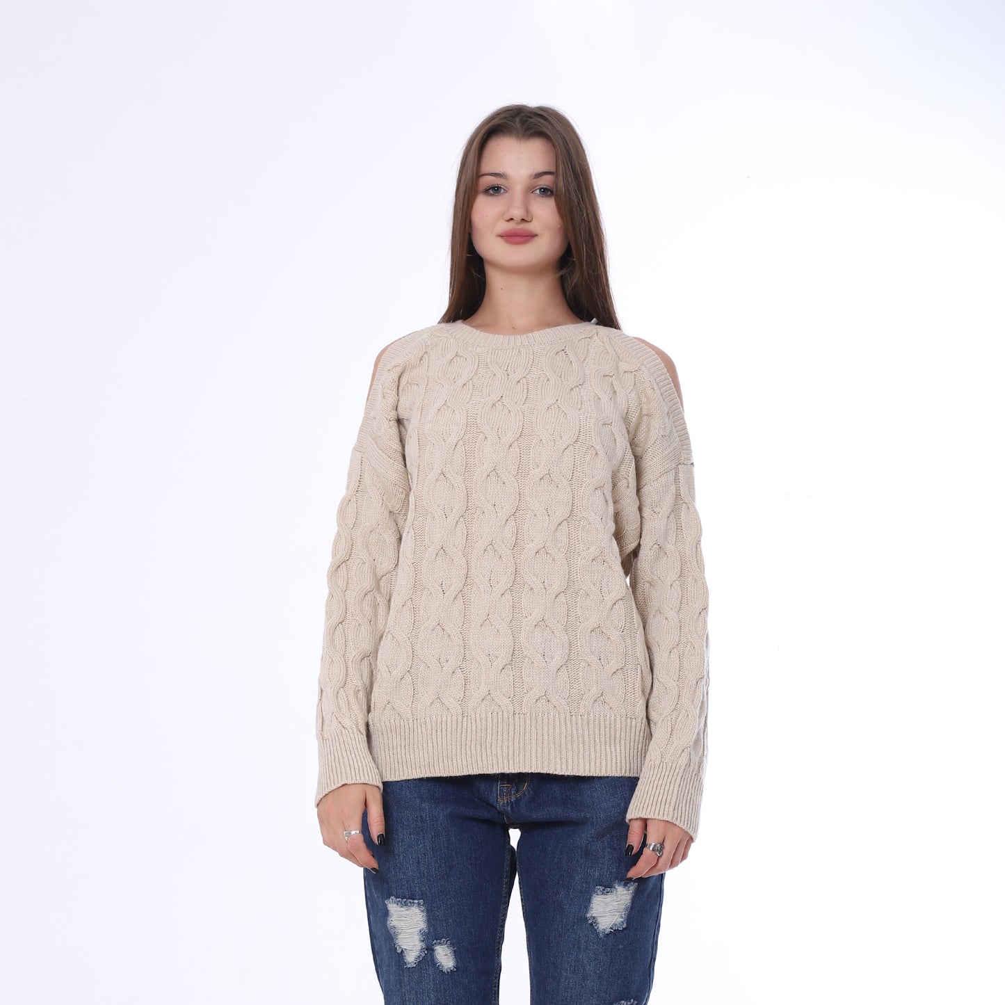 Beige Open Shoulder Knitted Pullover