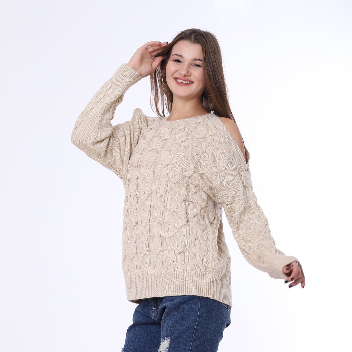 Beige Open Shoulder Knitted Pullover