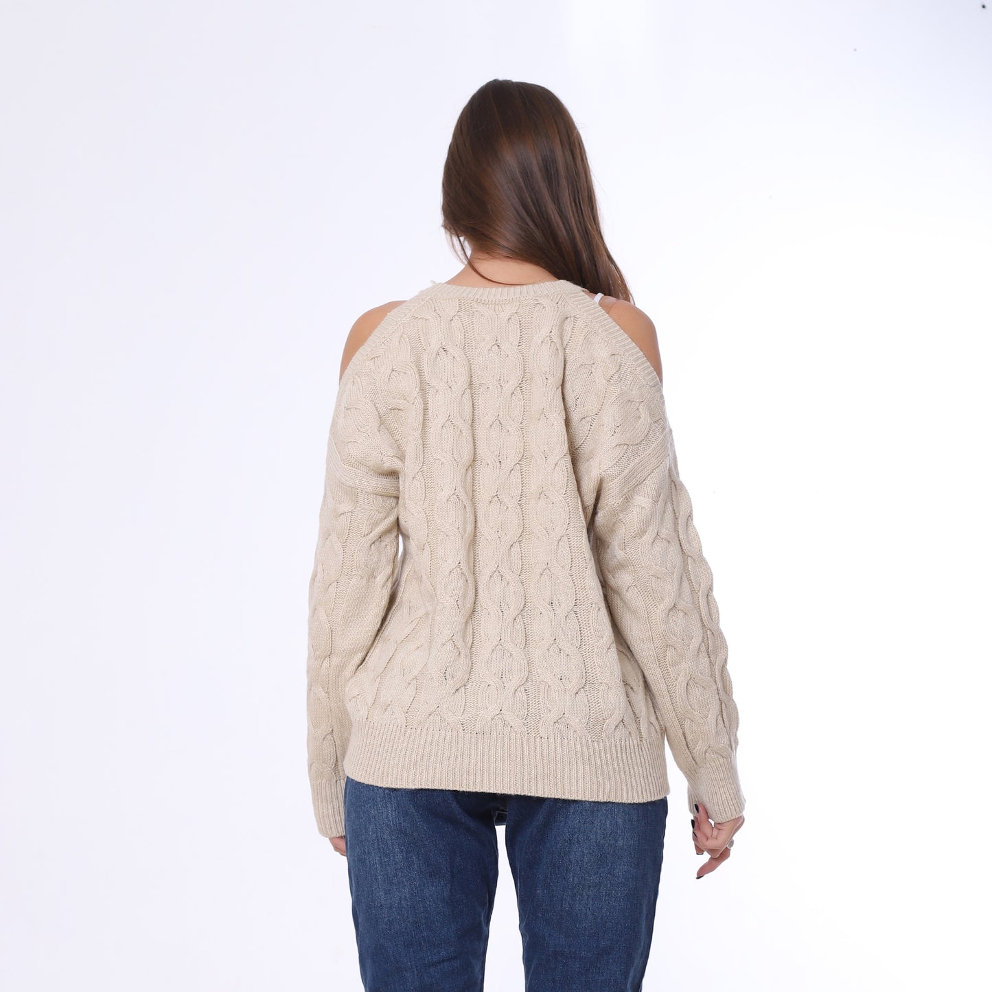 Beige Open Shoulder Knitted Pullover