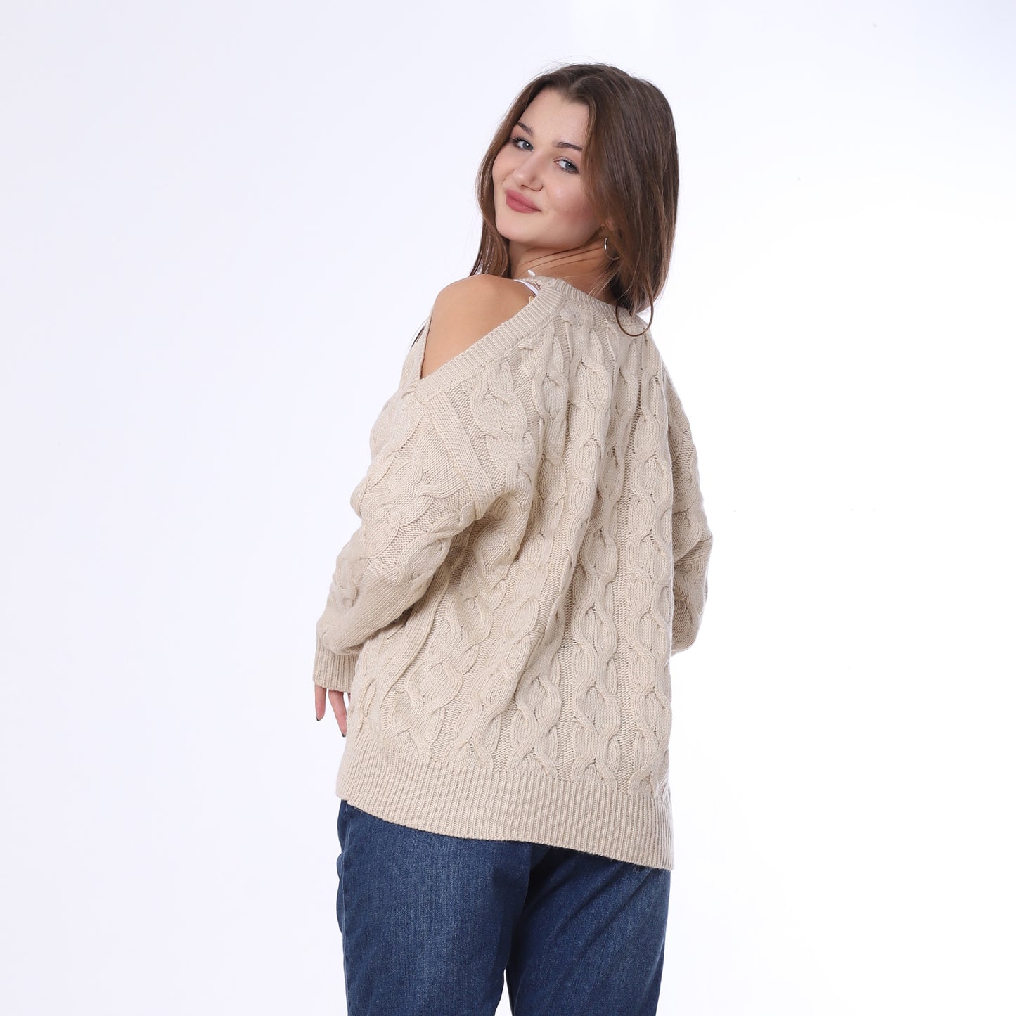 Beige Open Shoulder Knitted Pullover