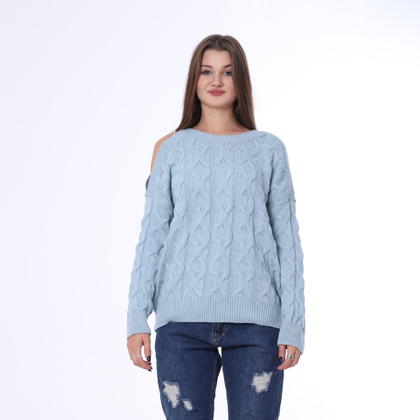 Baby Blue Open Shoulder Knitted Pullover