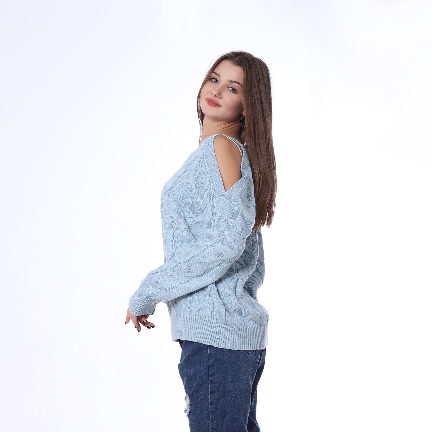 Baby Blue Open Shoulder Knitted Pullover