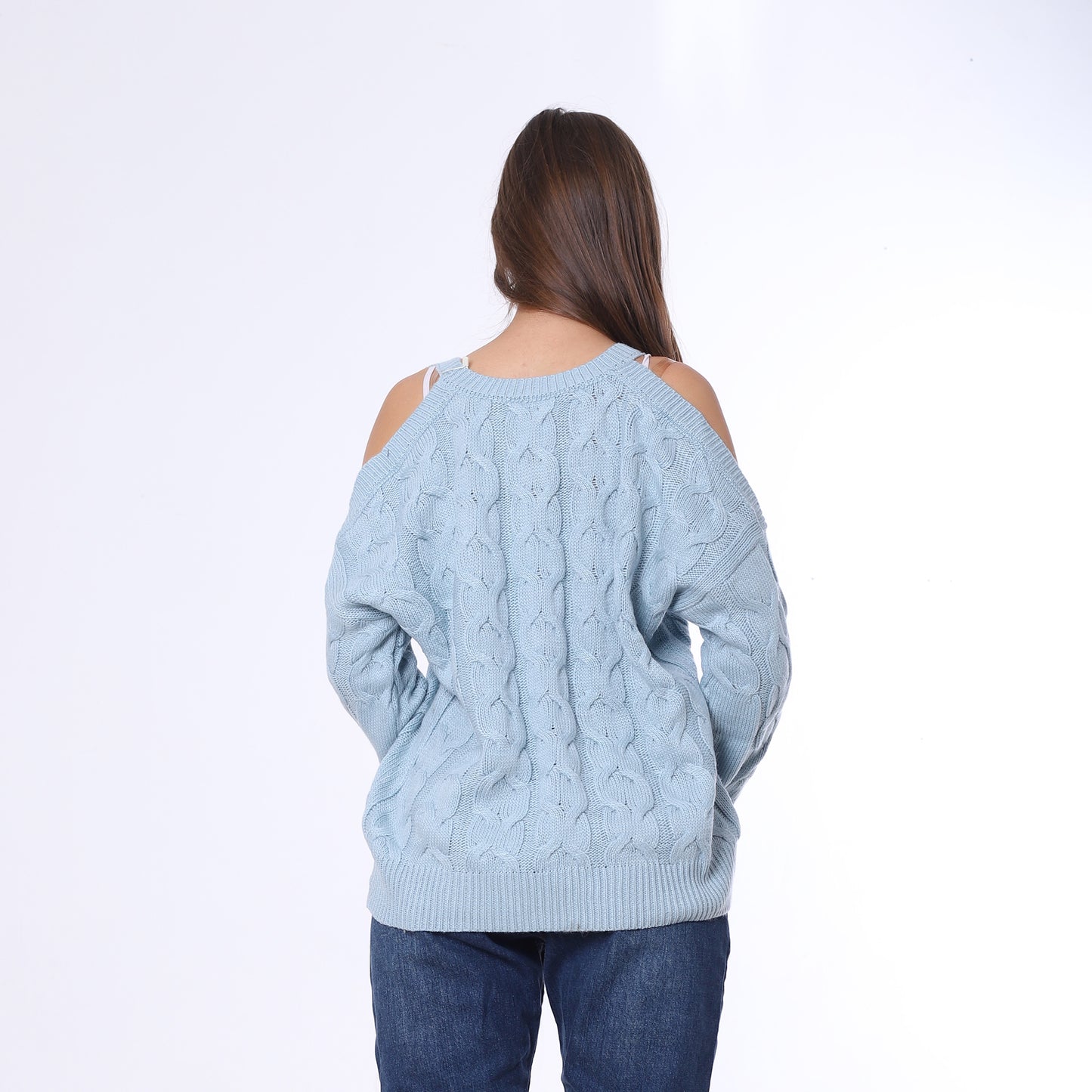 Baby Blue Open Shoulder Knitted Pullover