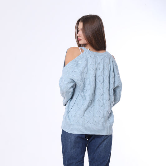 Baby Blue Open Shoulder Knitted Pullover