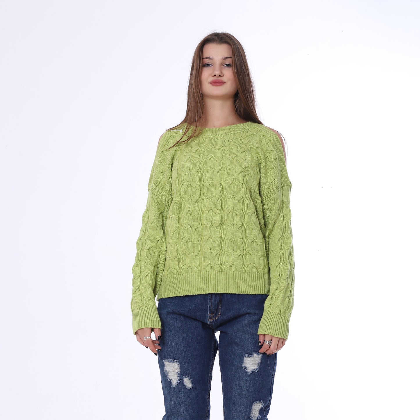 Apple Green Open Shoulder Knitted Pullover