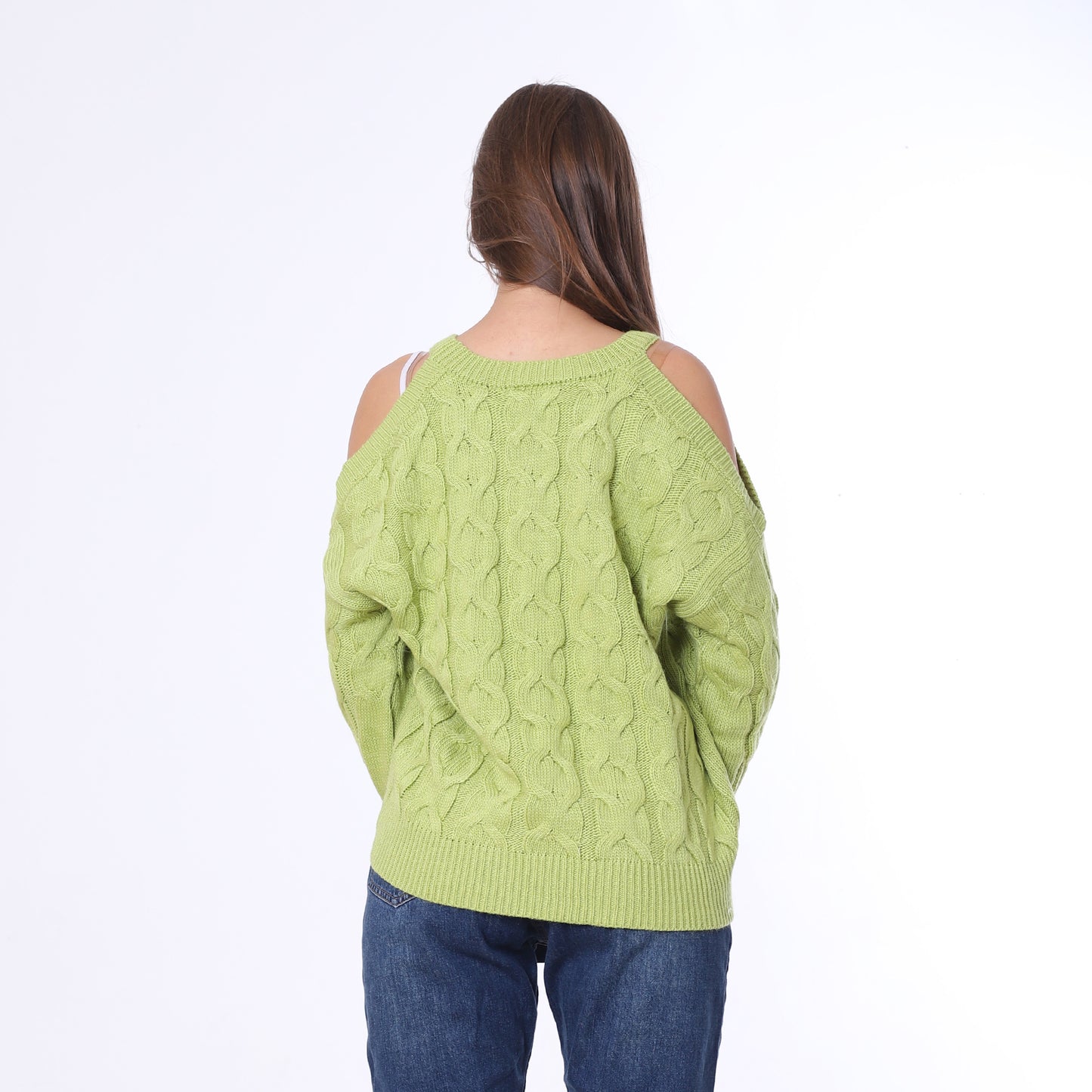 Apple Green Open Shoulder Knitted Pullover