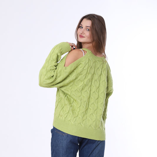 Apple Green Open Shoulder Knitted Pullover