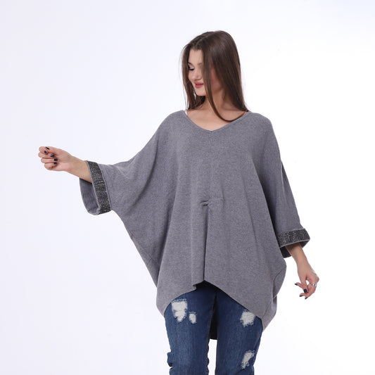 Gray Rhinestones Cuffs Knitted Poncho