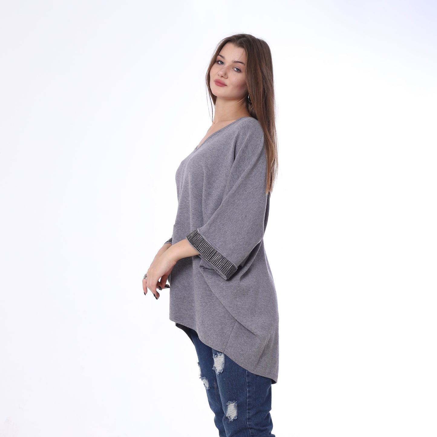 Gray Rhinestones Cuffs Knitted Poncho