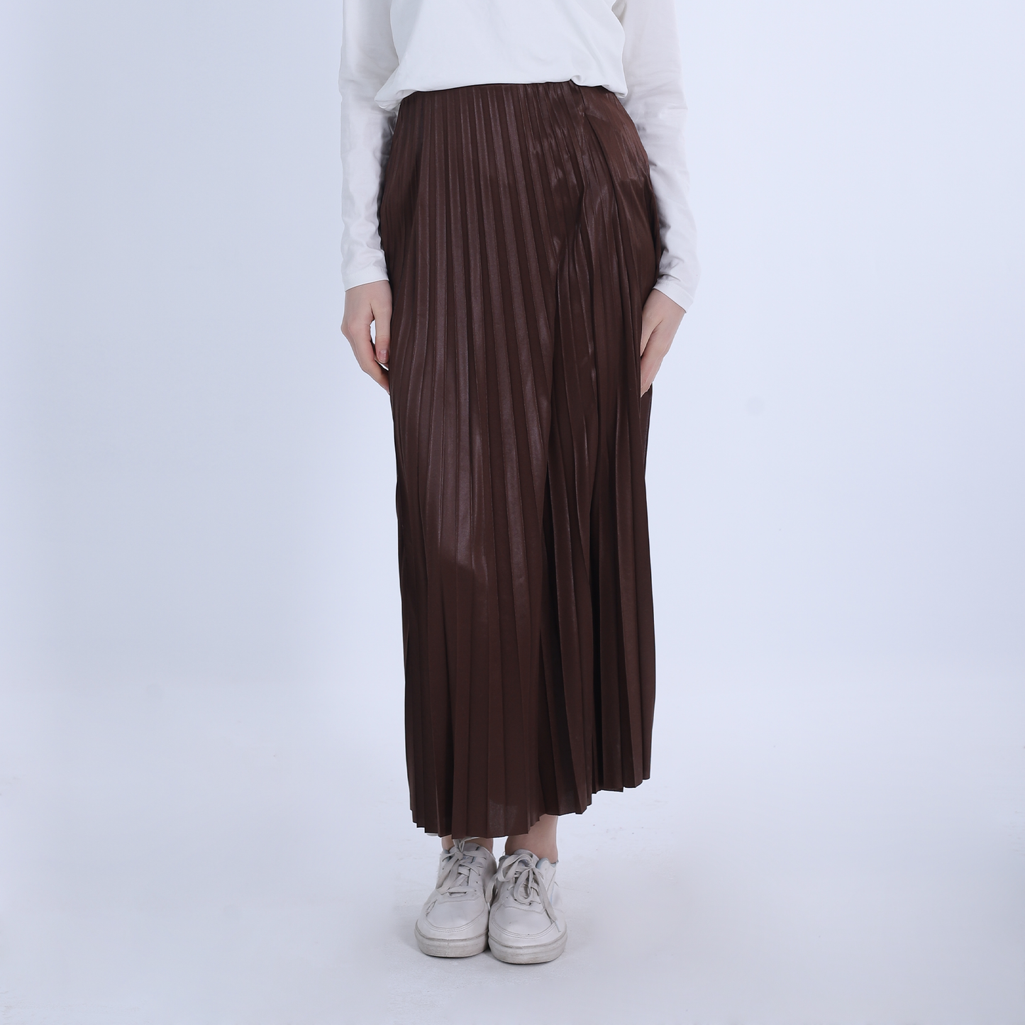 Brown Long Pleated Leather Skirt