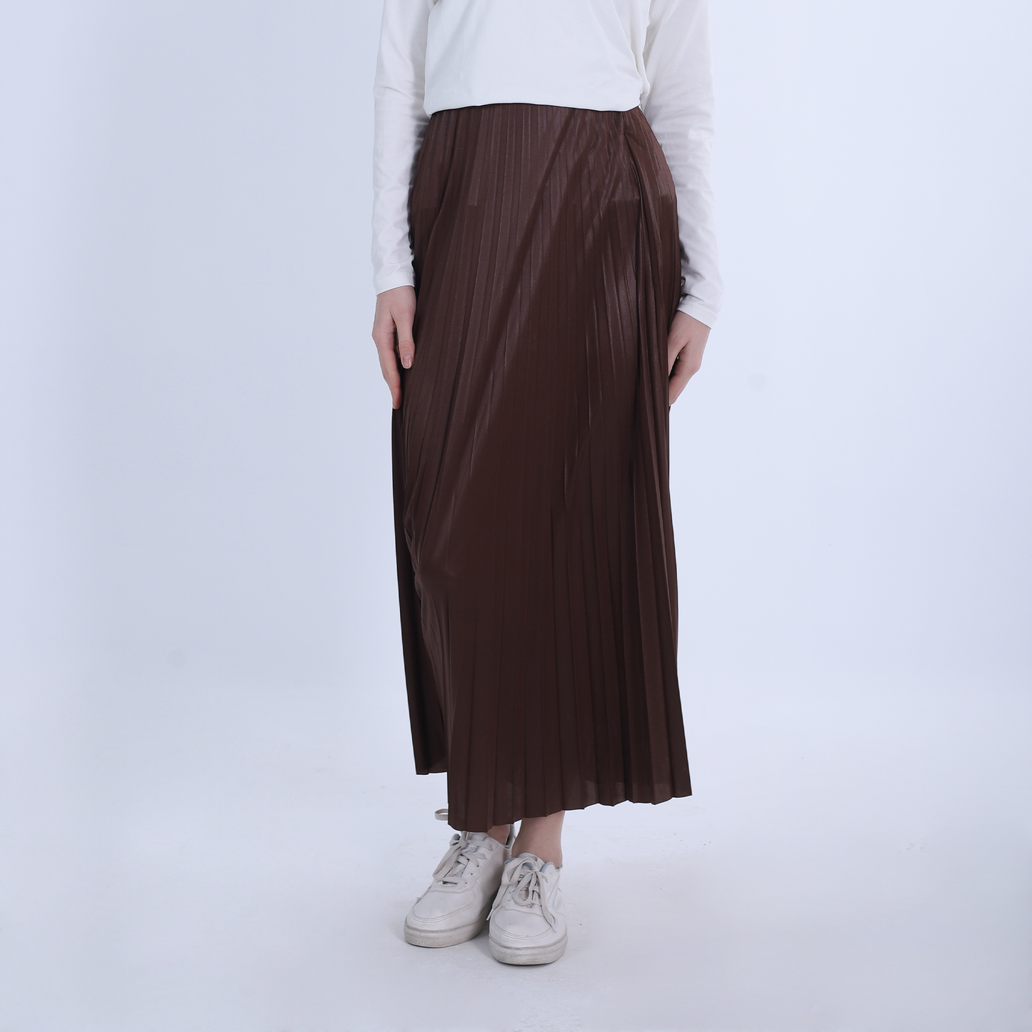 Brown Long Pleated Leather Skirt