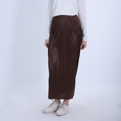 Brown Long Pleated Leather Skirt