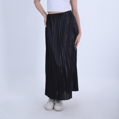 Black Long Pleated Leather Skirt