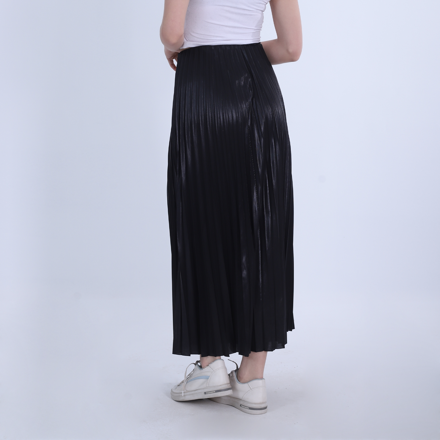 Black Long Pleated Leather Skirt