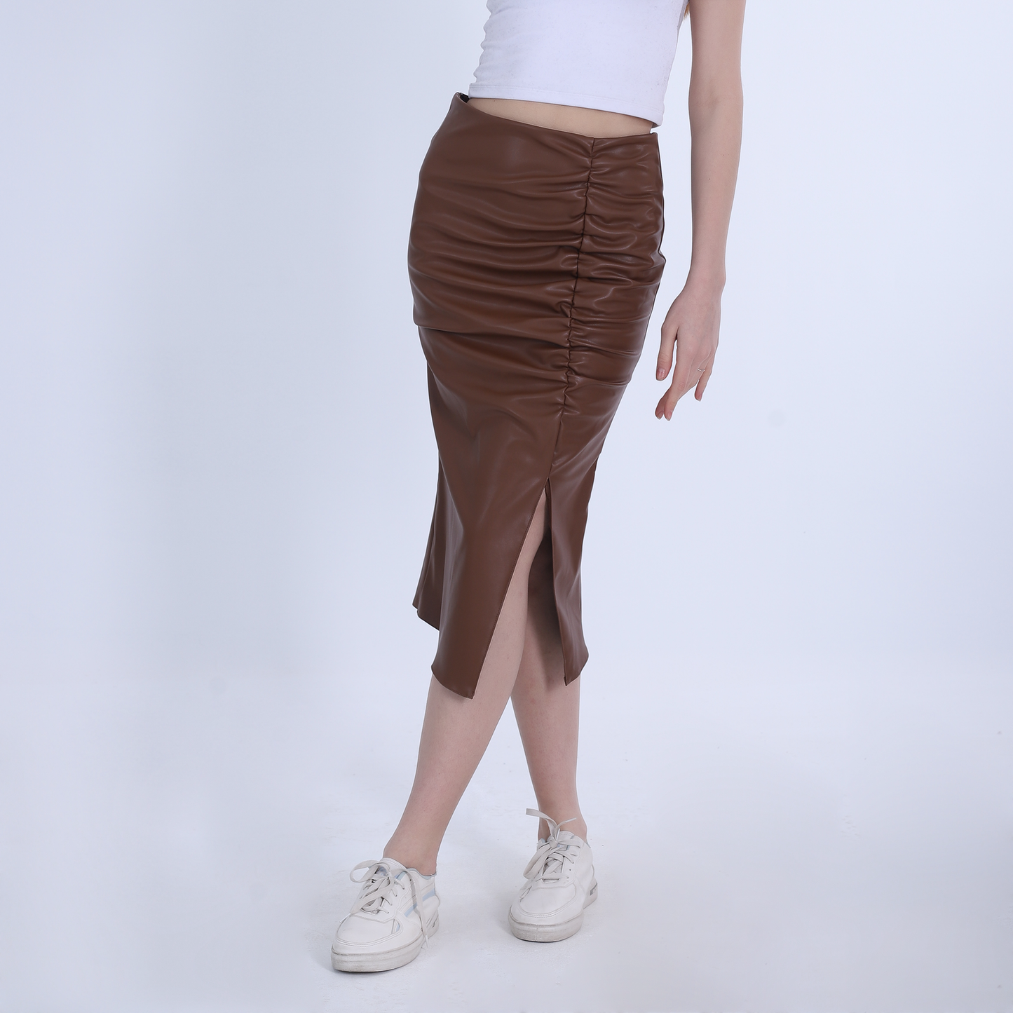 Brown Side Slit Leather Skirt