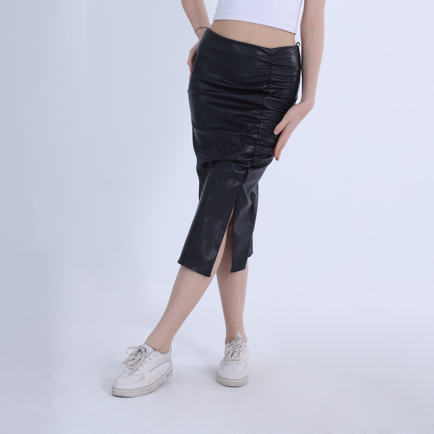 Black Side Slit Leather Skirt