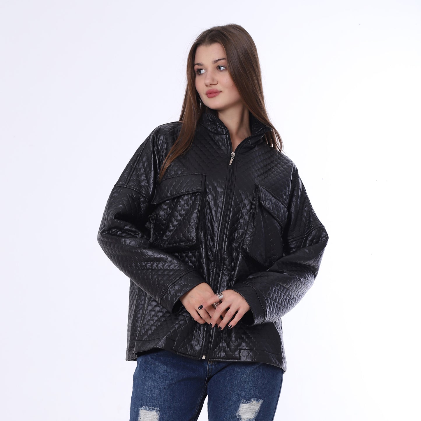 Black Capitone Leather Jacket with Flap Pockets