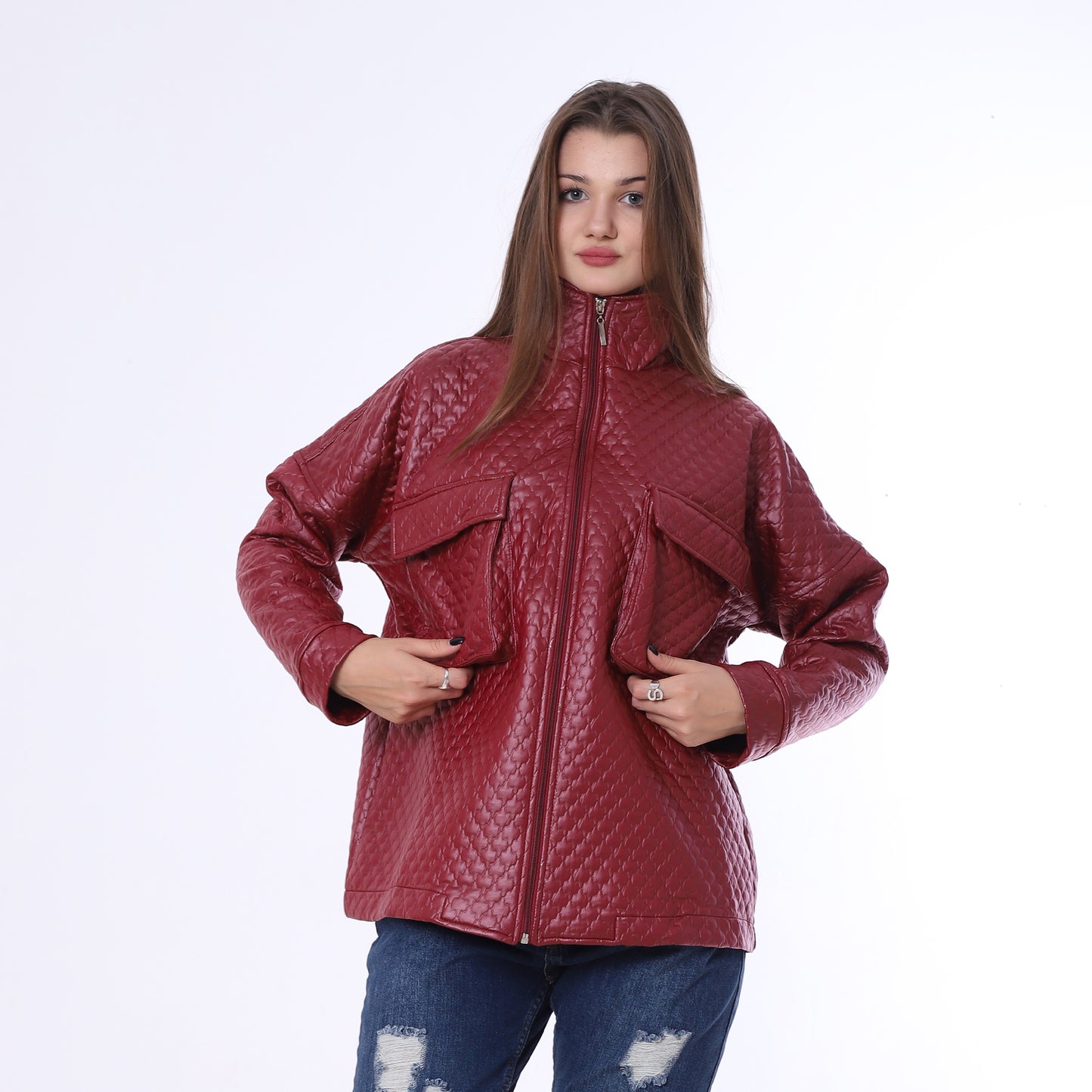 Burgundy Capitone Leather Jacket with Flap Pockets