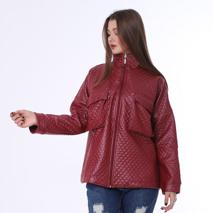 Burgundy Capitone Leather Jacket with Flap Pockets