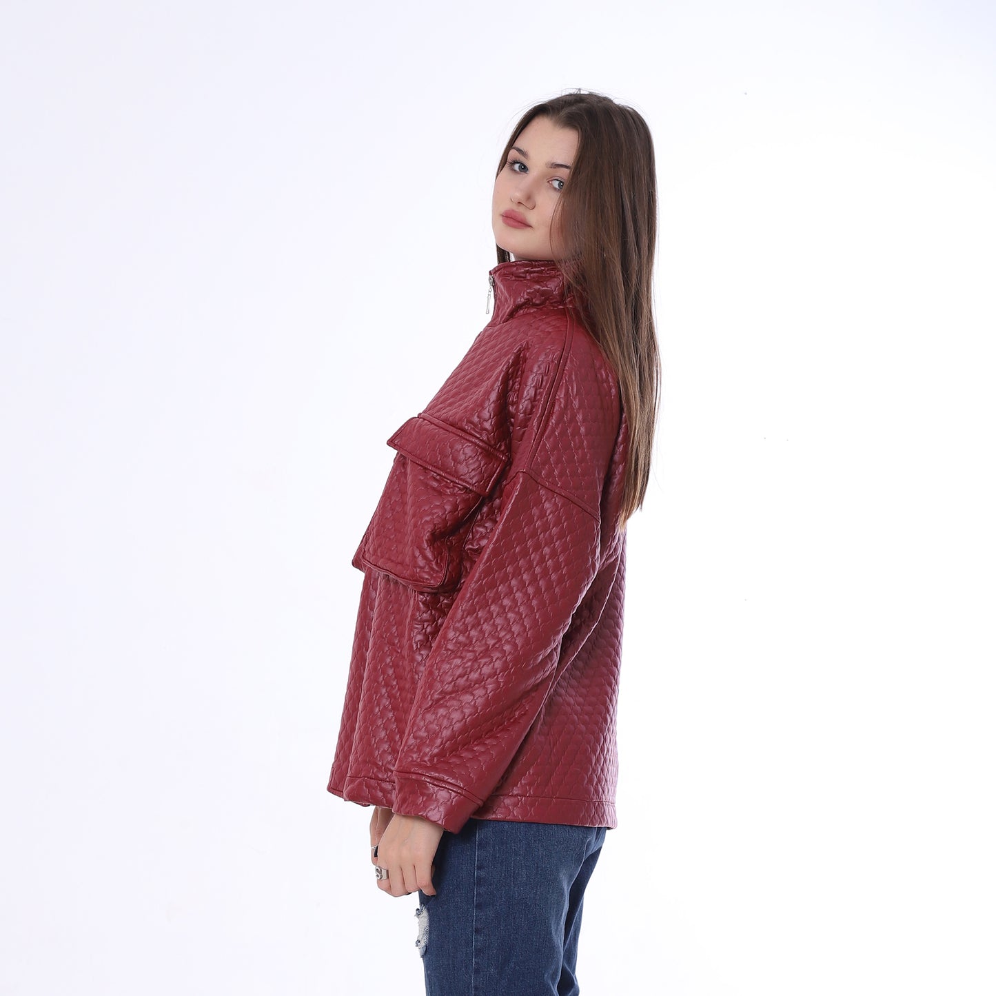 Burgundy Capitone Leather Jacket with Flap Pockets