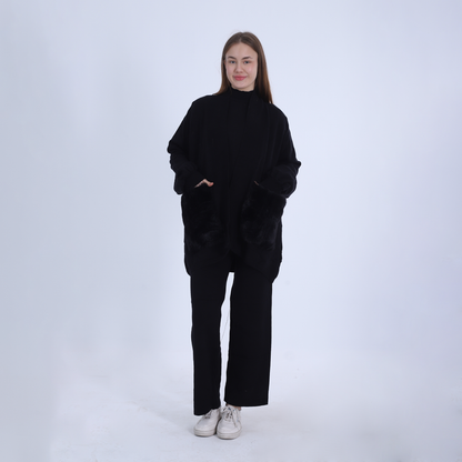 Black 3 Pieces Knitted Set with Fur Pockets