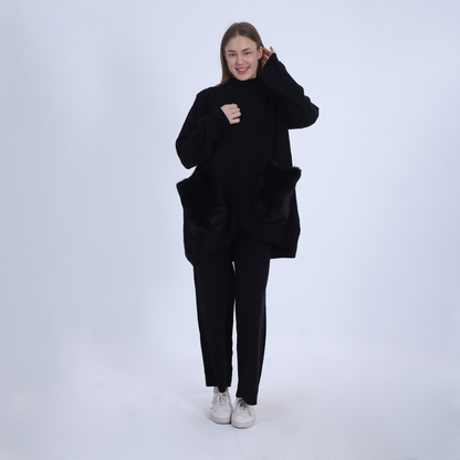 طقم محبوك أسود مكون من 3 قطع مع جيوب من الفرو