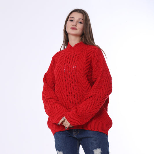 Red Half Neck Knitted Pullover