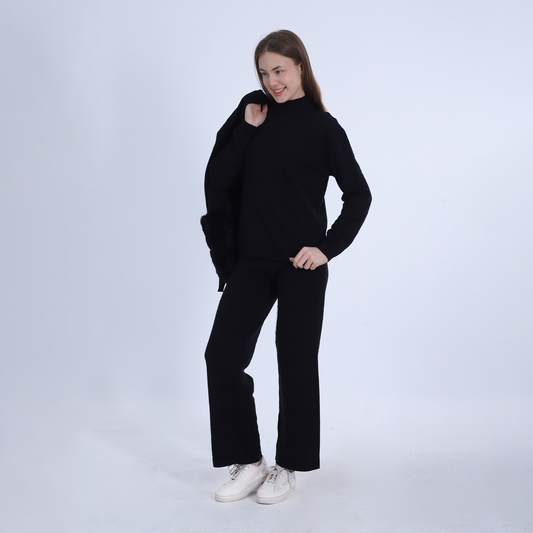 Black 3 Pieces Knitted Set with Fur Pockets