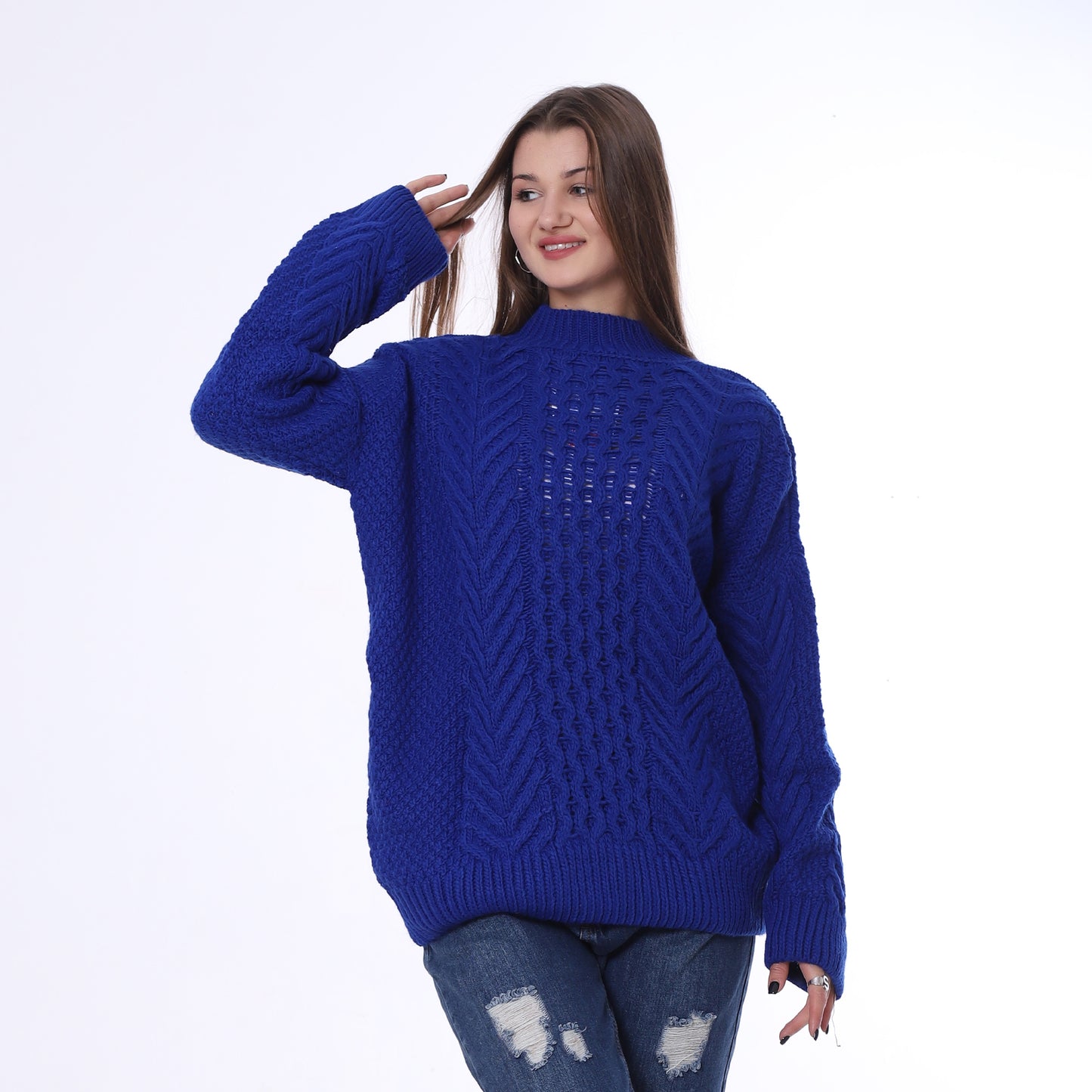 Blue Half Neck Knitted Pullover