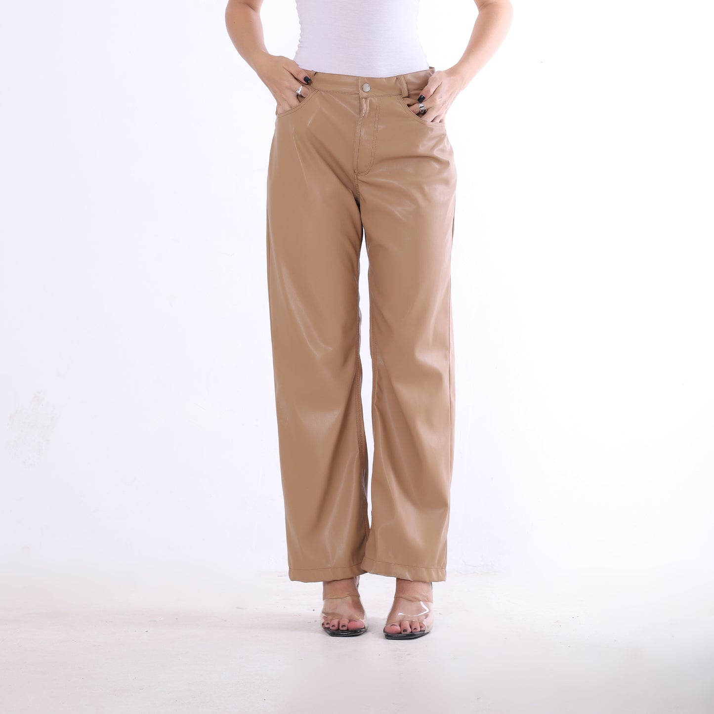 Beige Wide Leg Leather Pants