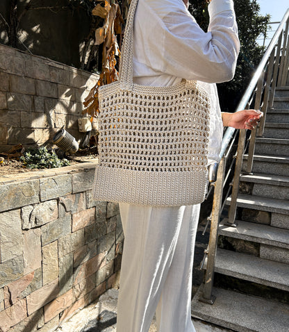 Beige Perforated Crochet Shoulder Bag