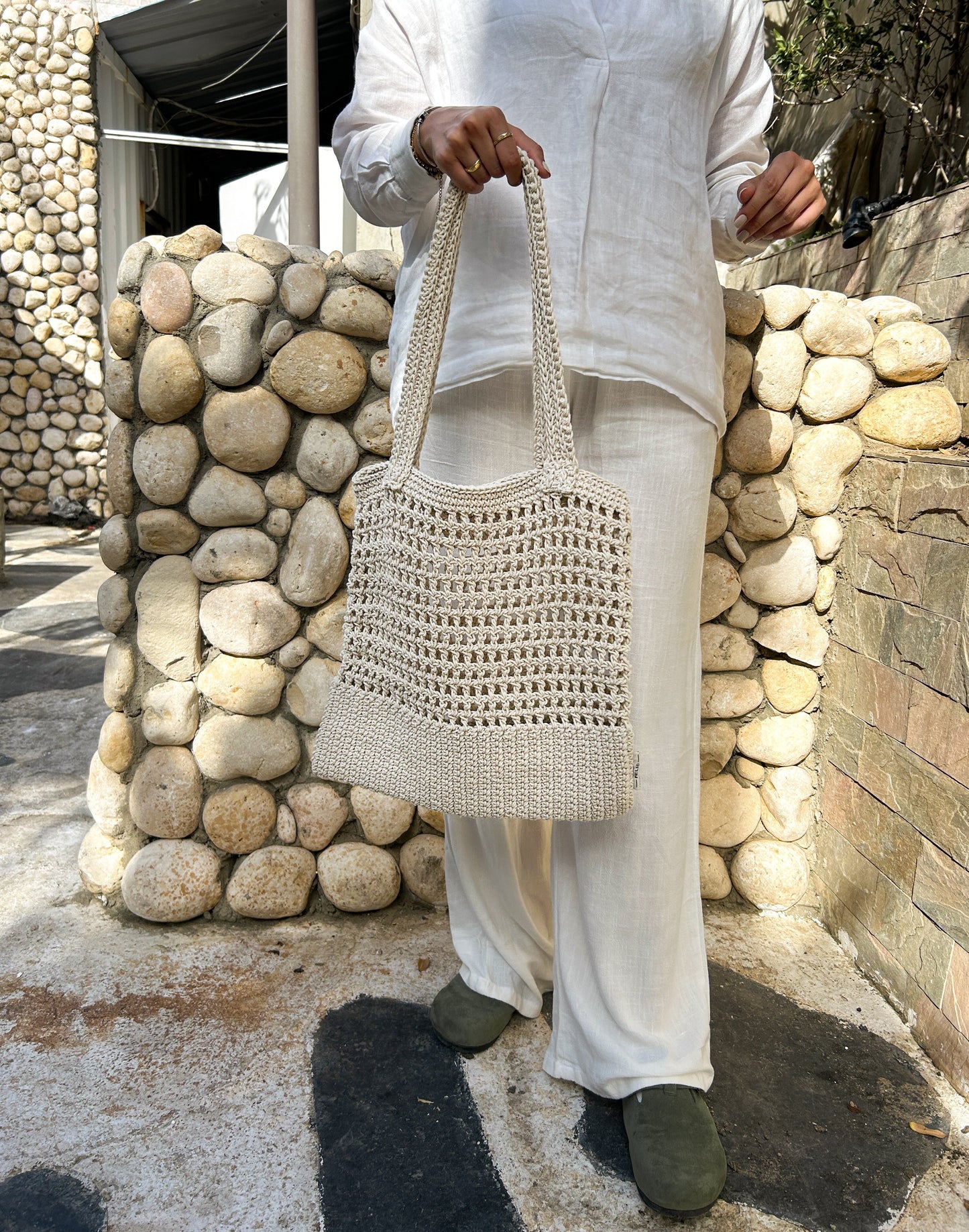 Beige Perforated Crochet Shoulder Bag