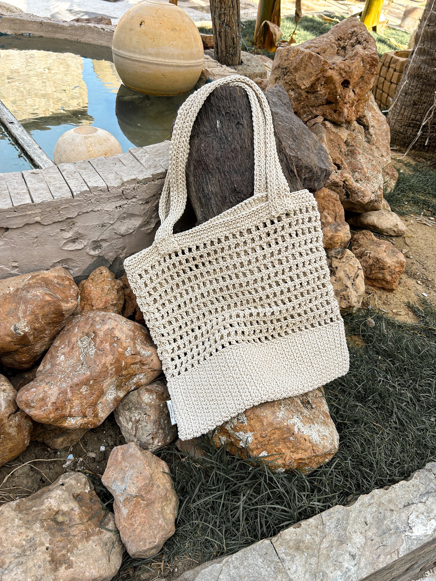 Beige Perforated Crochet Shoulder Bag