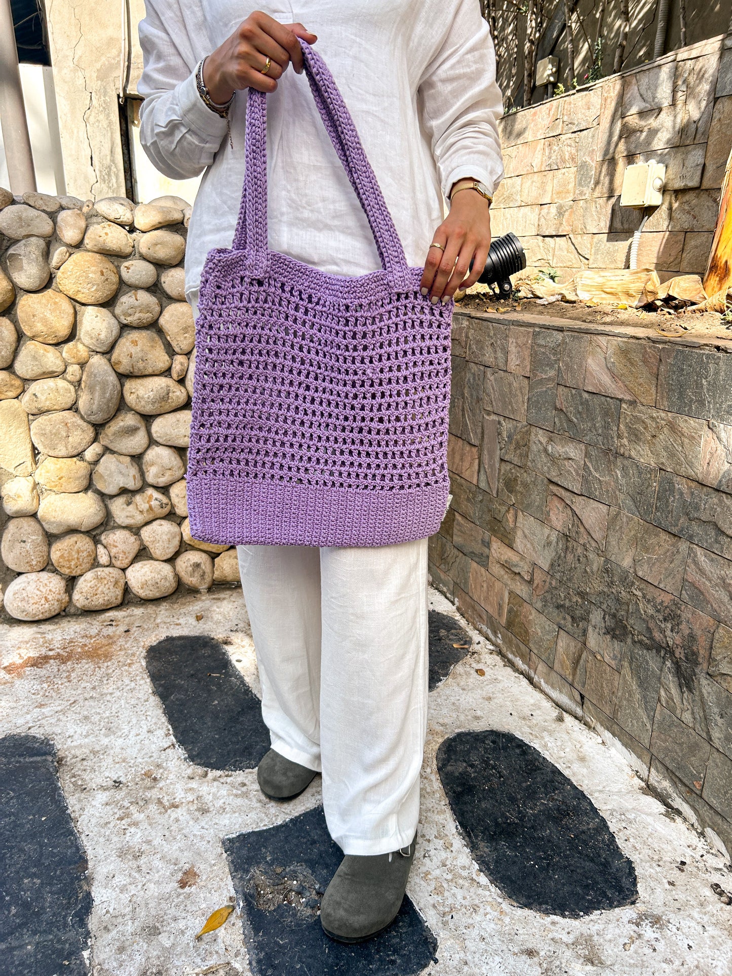 Helio Lavender Perforated Crochet Shoulder Bag