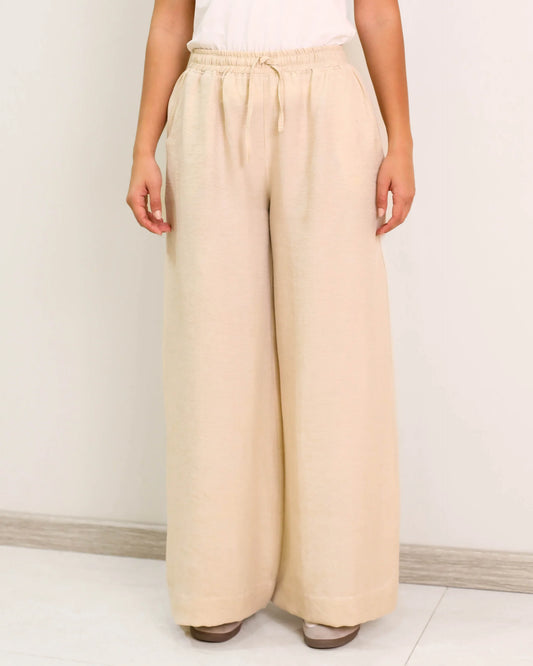 Beige Elasticated Waist Chiffon Pants
