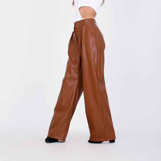 Brown Wide Leg Leather Pants